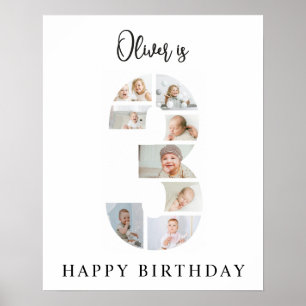Trendy Photo Collage 3rd Birthday Party Welcome Poster
