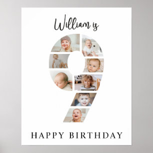 Trendy Photo Collage 9th Birthday Party Welcome Poster