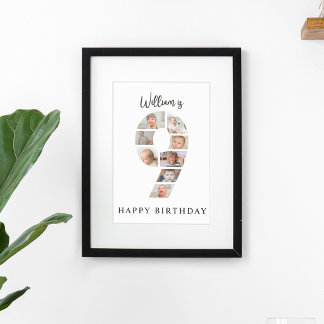 Trendy Photo Collage 9th Birthday Party Welcome Poster