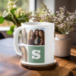 Trendy Photo Collage with Green Monogram Coffee Mug<br><div class="desc">Use 3 square photos to create a unique and personal gift. Add a big monogram and make a personalized mug. If you need to adjust the pictures,  click on the customize tool to make changes.</div>