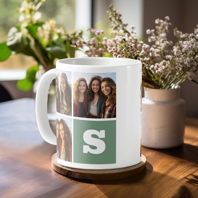 Trendy Photo Collage with Green Monogram Coffee Mug (Personalized Coffee Mug)