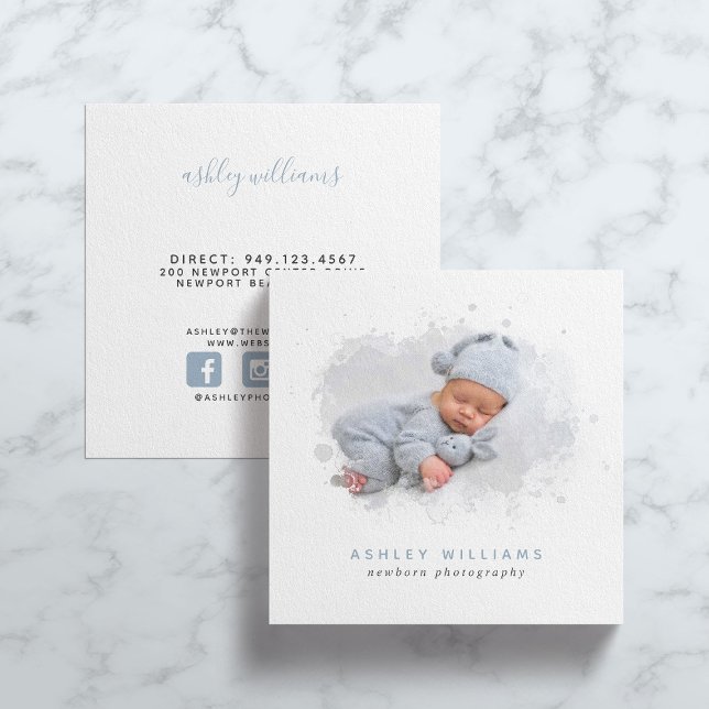 Trendy Photo Mask Newborn Photographer Square Business Card (Creator Uploaded)