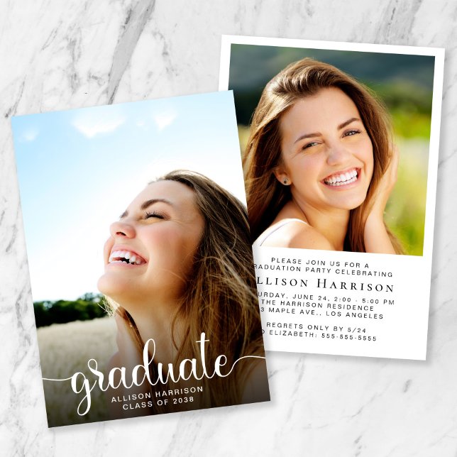 Trendy Photo White Script Graduation Party Invitation (A modern photo graduation announcement to celebrate the graduate's achievements)