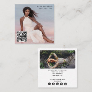 Trendy Photographer QR Code Social Media Icons   Square Business Card