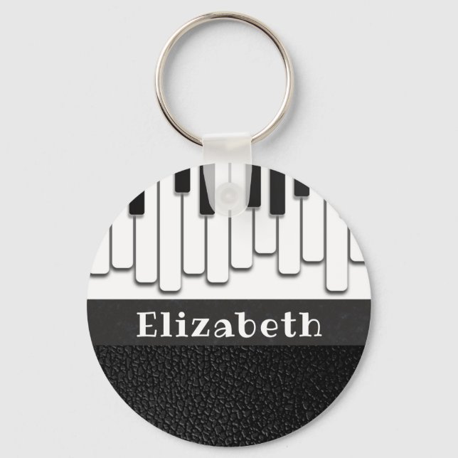 Trendy Piano Keys and Faux Black Leather Monogram Keychain (Front)