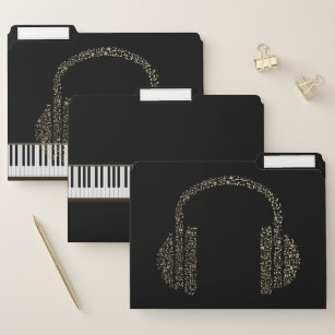 Trendy Piano Music, Headphone, Gold, Black File Folder