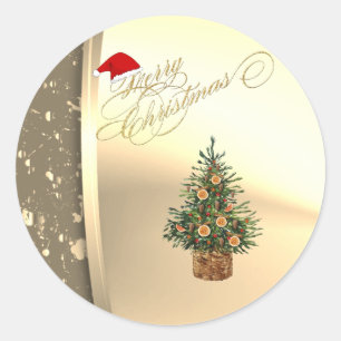 Trendy Pine Tree Orange,Santa Hat, Faux Gold Classic Round Sticker