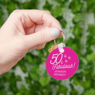 Trendy Pink 50 And Fabulous Birthday Keychain