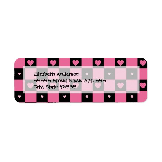 Trendy Pink and Black Chequered Hearts Return Address Label