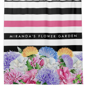 Trendy Pink and Black Floral Stripes With Name