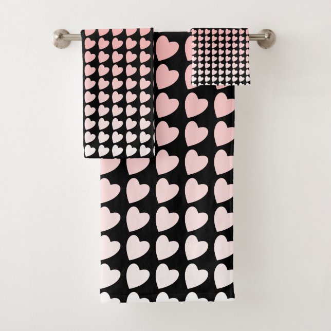 Trendy Pink and Black Heart Gradient Pattern Bath Towel Set (Insitu)