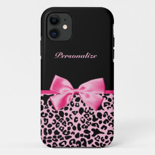 Trendy Pink And Black Leopard Hot Pink Ribbon iPhone 11 Case