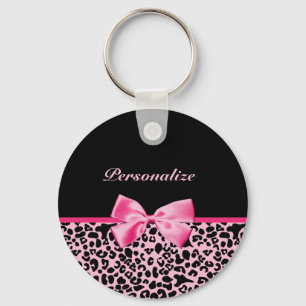 Trendy Pink And Black Leopard Hot Pink Ribbon Keychain