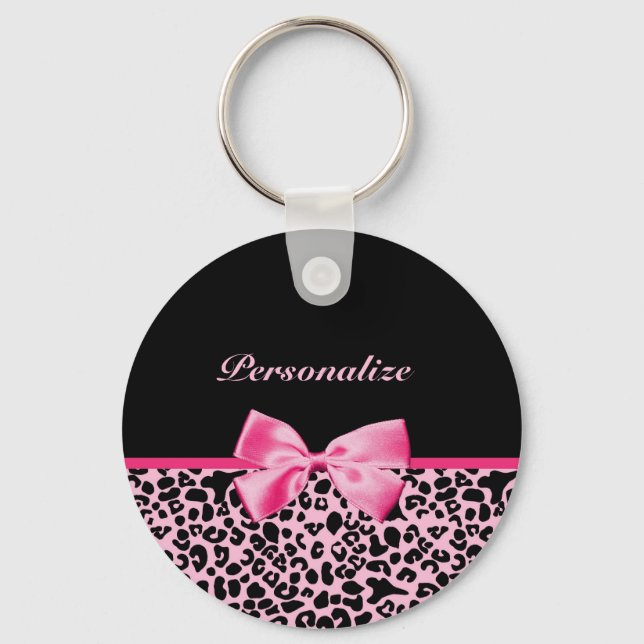 Trendy Pink And Black Leopard Hot Pink Ribbon Keychain (Front)