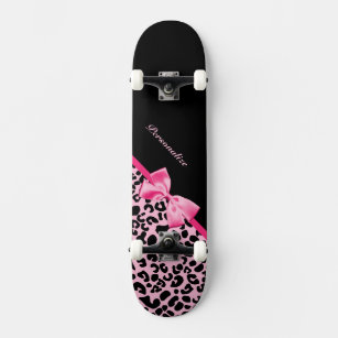 Trendy Pink And Black Leopard Hot Pink Ribbon Skateboard