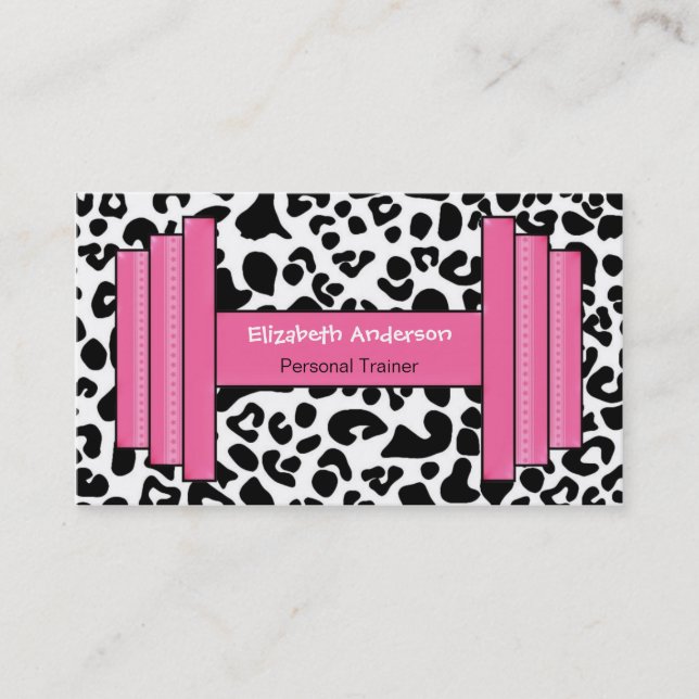 Trendy Pink And Black Leopard Personal Trainer Business Card (Front)