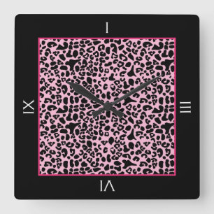 Trendy Pink And Black Leopard With Roman Numerals Square Wall Clock