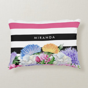 Trendy Pink and Black Stripes Floral With Name Decorative Pillow