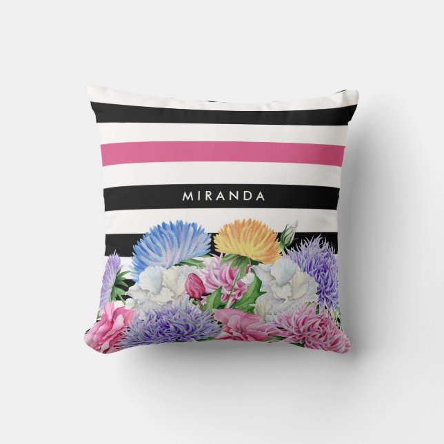 Trendy Pink and Black Stripes Floral With Name Throw Pillow (Front)