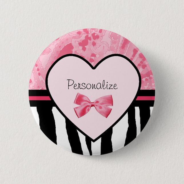 Trendy Pink and Black Zebra Pattern Bow and Name 2 Inch Round Button (Front)