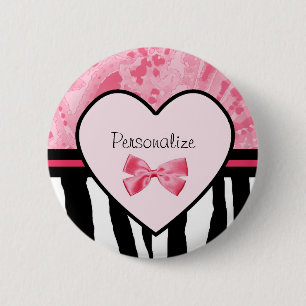 Trendy Pink and Black Zebra Pattern Bow and Name 2 Inch Round Button
