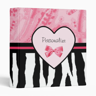 Trendy Pink and Black Zebra Pattern Bow and Name Binder