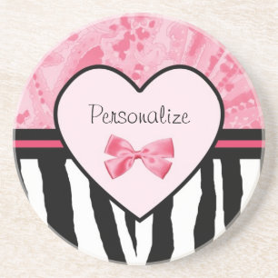 Trendy Pink and Black Zebra Pattern Bow and Name Coaster