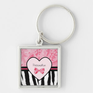 Trendy Pink and Black Zebra Pattern Bow and Name Keychain