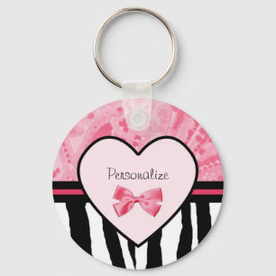 Trendy Pink and Black Zebra Pattern Bow and Name Keychain