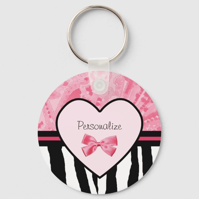 Trendy Pink and Black Zebra Pattern Bow and Name Keychain (Front)