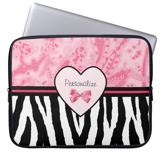 Trendy Pink and Black Zebra Pattern Bow and Name Laptop Sleeve (Front)