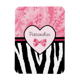 Trendy Pink and Black Zebra Pattern Bow and Name Magnet