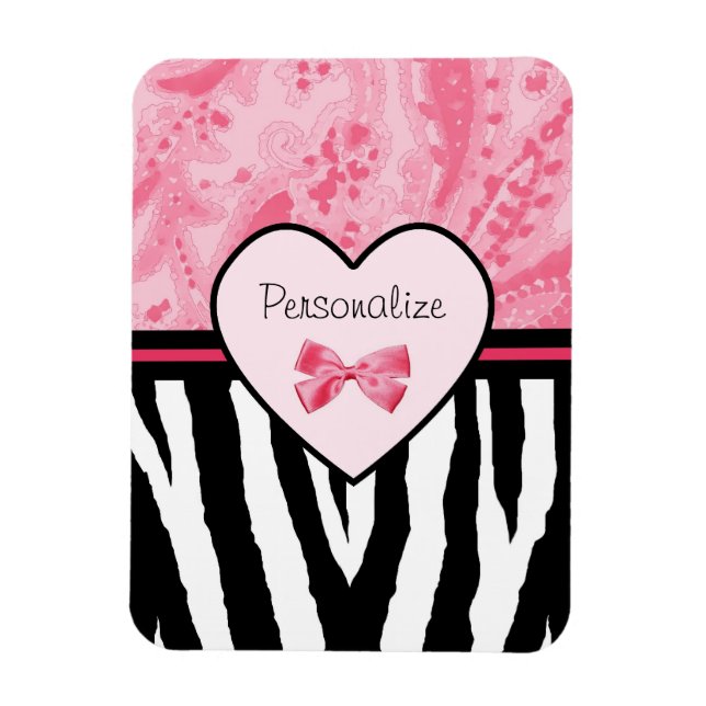 Trendy Pink and Black Zebra Pattern Bow and Name Magnet (Vertical)