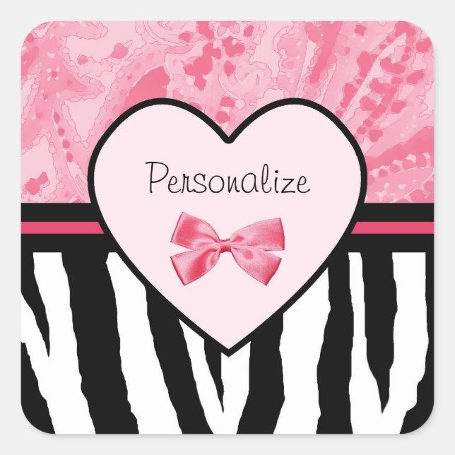 Trendy Pink And Black Zebra Pattern With Name Square Sticker (Front)