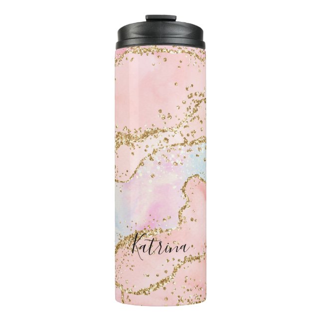 Trendy Pink and Gold Glitter Agate  Thermal Tumbler (Front)