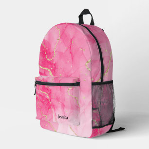 Trendy Pink and Gold Marbled Printed Backpack