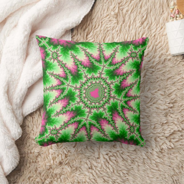 Trendy Pink and Green Fractal Throw Pillow (Blanket)