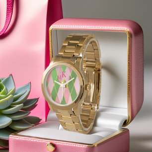 Trendy Pink and Green Gold Argyle Monogram  Watch