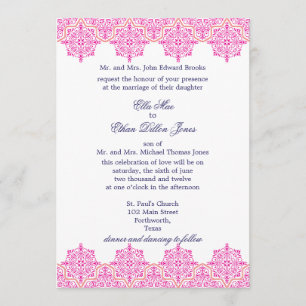 Trendy Pink and Orange Damask Wedding invitations