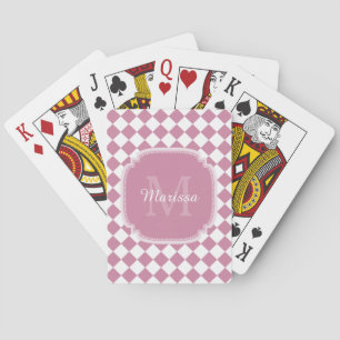 Trendy Pink and White Checked Monogrammed Name Playing Cards