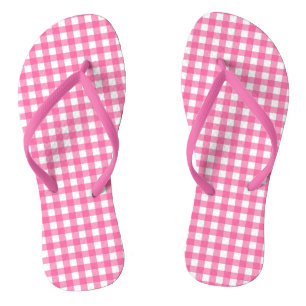 Trendy Pink and White Gingham Chequered Flip Flops