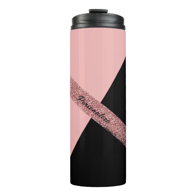Trendy Pink Black Glitter Personalized Chic Glam Thermal Tumbler (Front)
