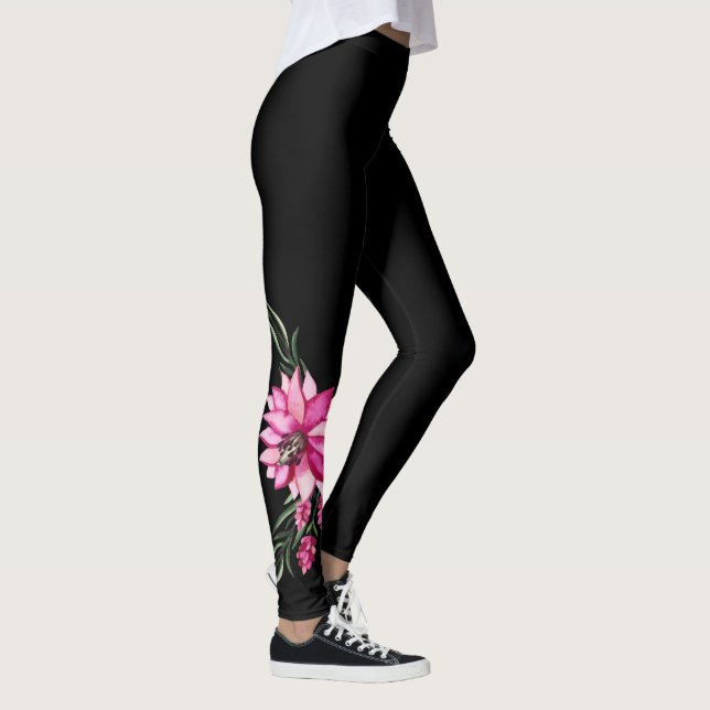 Trendy Pink Blossoms Floral Leggings, Black Leggings (Right)