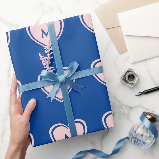 Trendy Pink Blue Heart Monogram Valentine`s Wrapping Paper (Gifting)