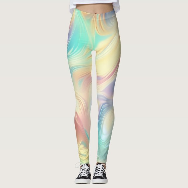 Trendy Pink Blue yellow abstract waves Leggings (Front)