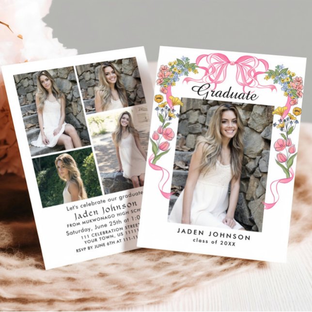 Trendy Pink Bow Coquette 5 PHOTO Graduation Party Invitation (Creator Uploaded)