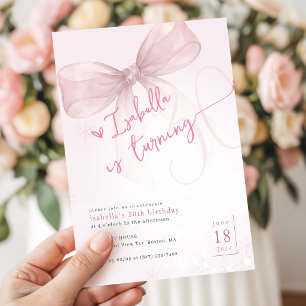Trendy Pink Bow Elegant Winter 30th Birthday Invitation
