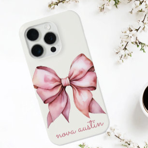 Trendy Pink Bow Personalized With Name Monogram iPhone 15 Pro Case