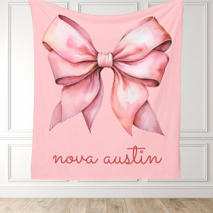Trendy Pink Bow Personalized With Name Monogram Fleece Blanket