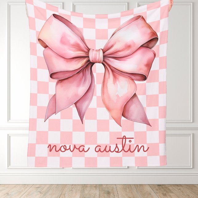 Trendy Pink Bow Personalized With Name Monogram Fleece Blanket (Creator Uploaded)
